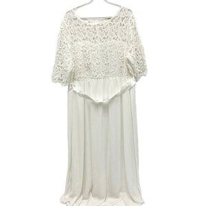 Anself White Crochet Back Zipper Sheer Panel Elbow Sleeve Draped Gown Dress 5XL